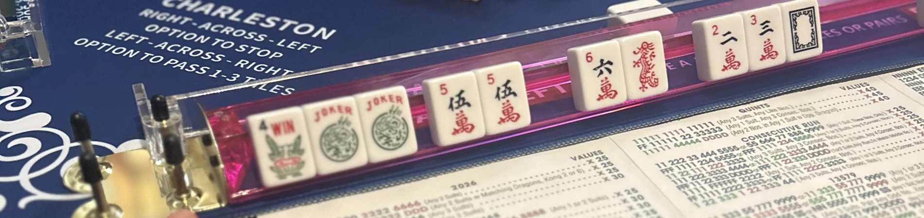 Lineup of mah jongg tiles on mah jongg table
