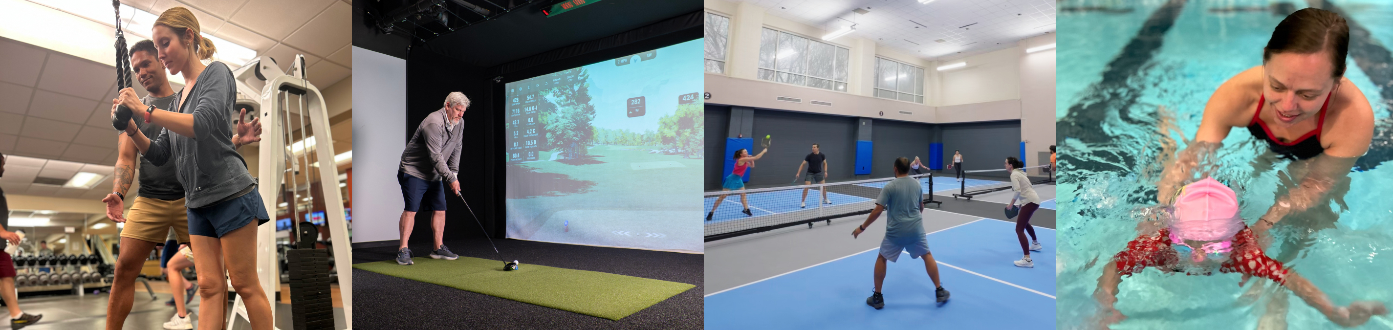 A collage of images showing Club Fitness members swimming, playing pickleball, using the golf simulator, and using exercise bikes. 